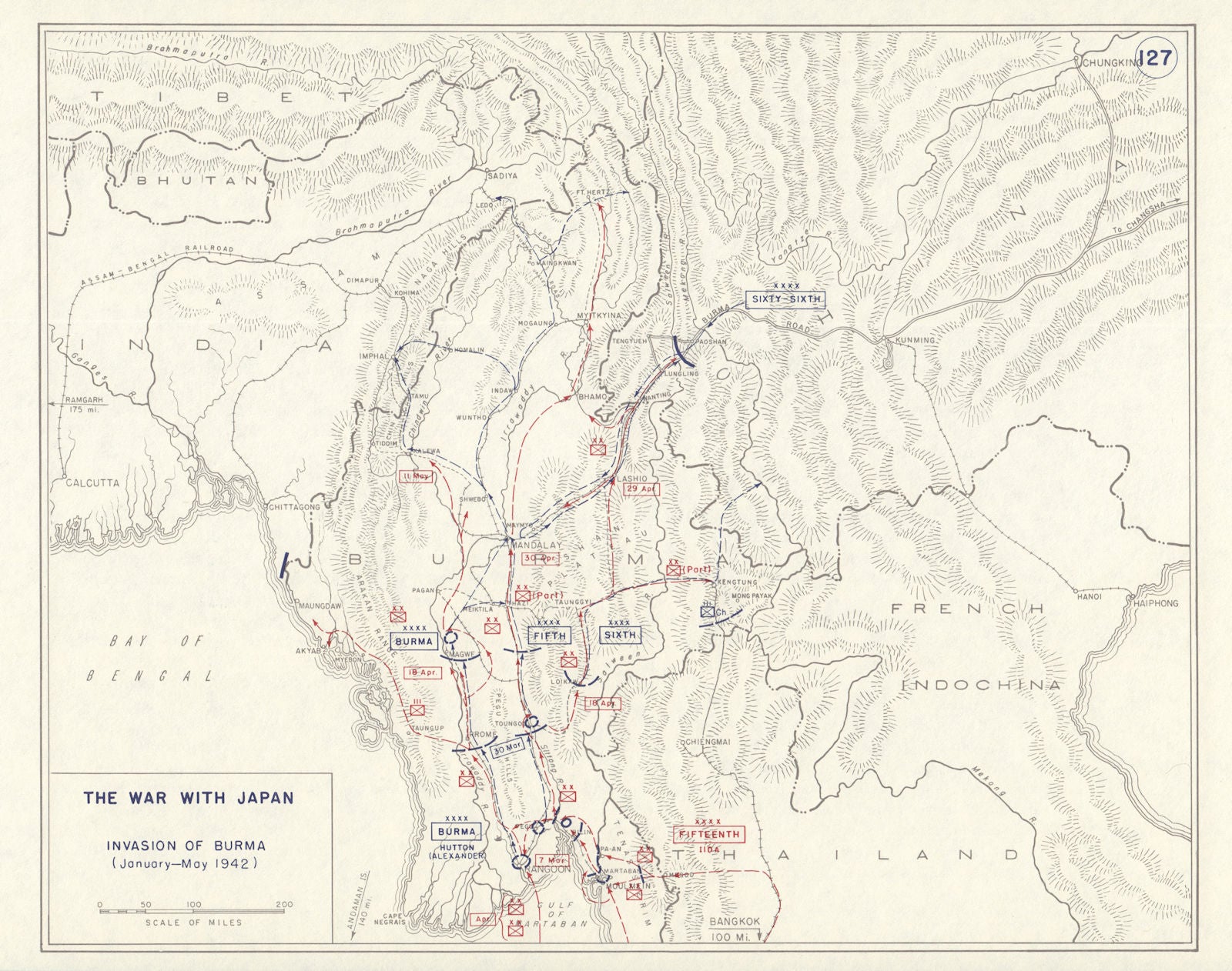 World War 2. January-May 1942. Japanese Invasion of Burma 1959 old vintage map